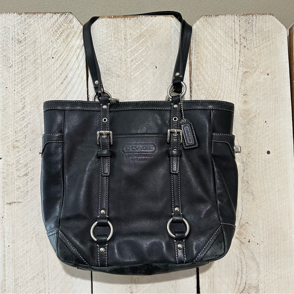 COACH black leather bag tote bag with silver hardware